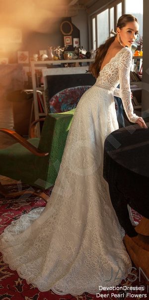 A line silhouette Angelina boho lace wedding dress with long sleeves