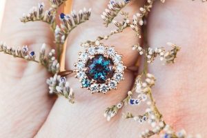 Alexandrite cluster halo engagement ring