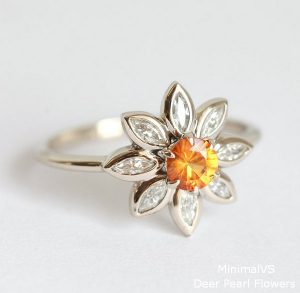 Floral Daisy Ring with orange sapphire and marquise diamonds3
