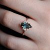 Green Blue Sapphire Engagement Ring with diamonds in 18k rose gold