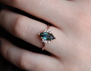 Green Blue Sapphire Engagement Ring with diamonds in 18k rose gold