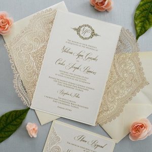 Ivory Laser Cut Wedding Invitation with Ivory Shimmer Insert and Ivory Ribbon Bow