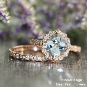 Vintage Floral Aquamarine Engagement Ring and Scalloped Diamond Wedding Band Bridal Set in 14k Rose Gold