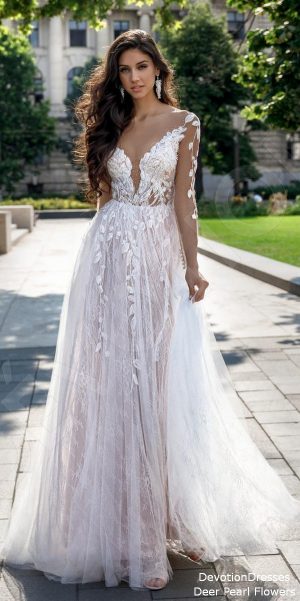 Vneck lace long sleeves wedding dress Aegla