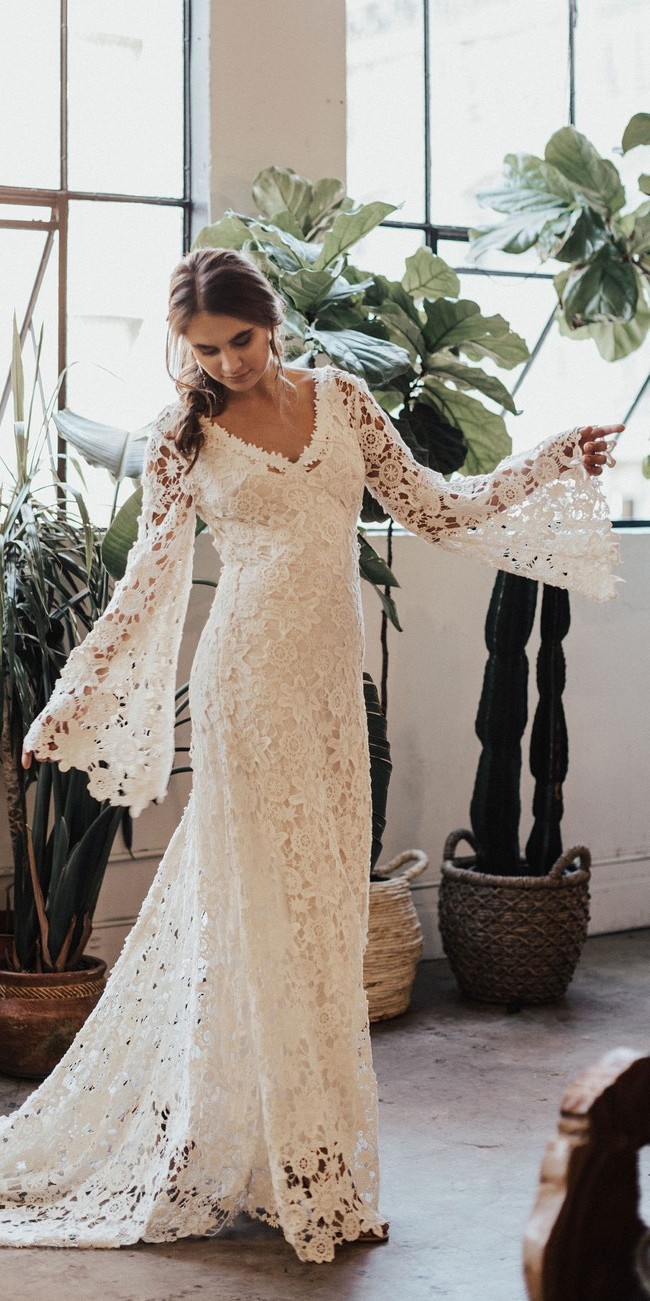 Bell Sleeve Lace Bohemian Wedding Dress with Train - Deer Flower Shop