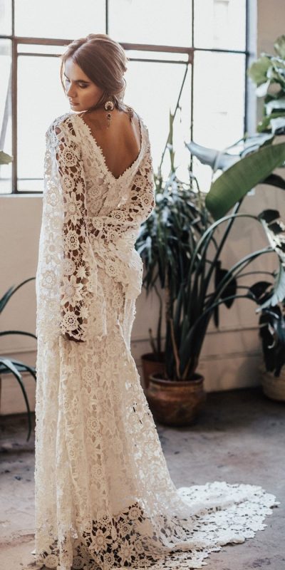 Bell Sleeve Lace Bohemian Wedding Dress with Train - Deer Flower Shop