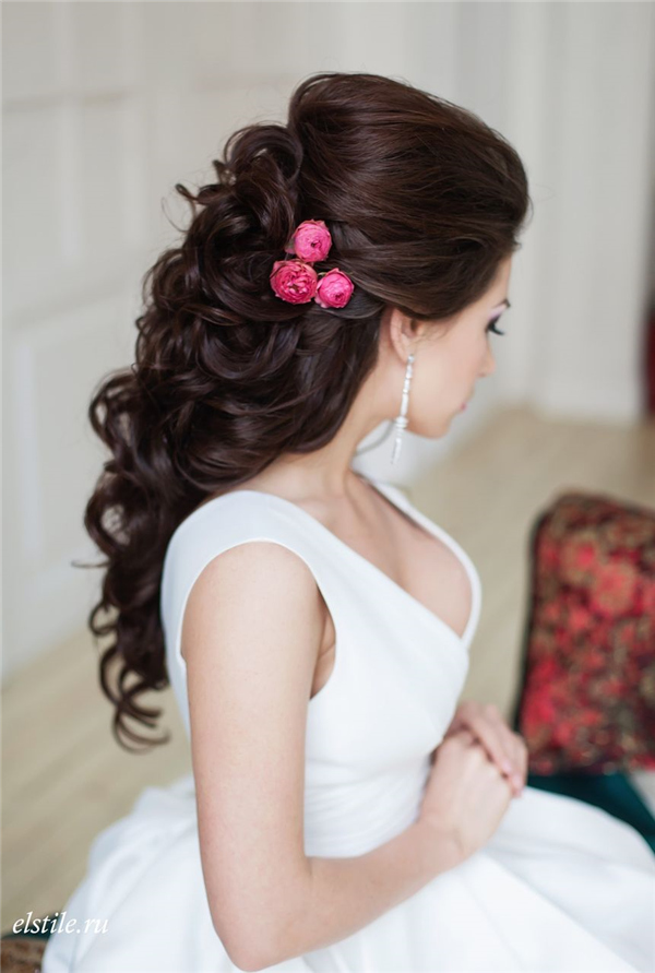 Black Half Down Half Up Bridal Hairstyle With Pink Flowers My Deer Flowers Black Half Down Half Up Bridal Hairstyle With Pink Flowers My Deer Flowers