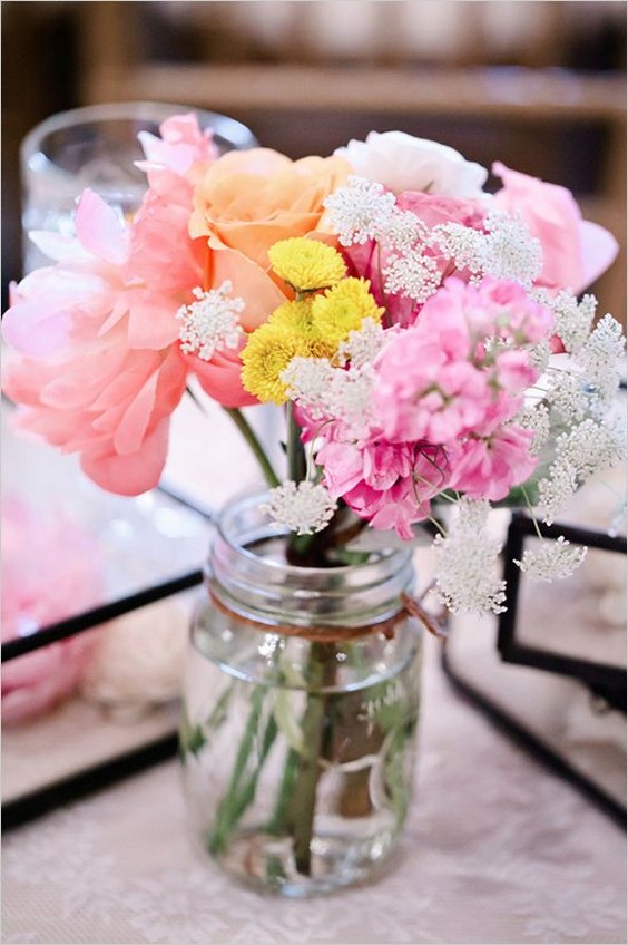 boho pastel flowers mason jar wedding centerpiece
