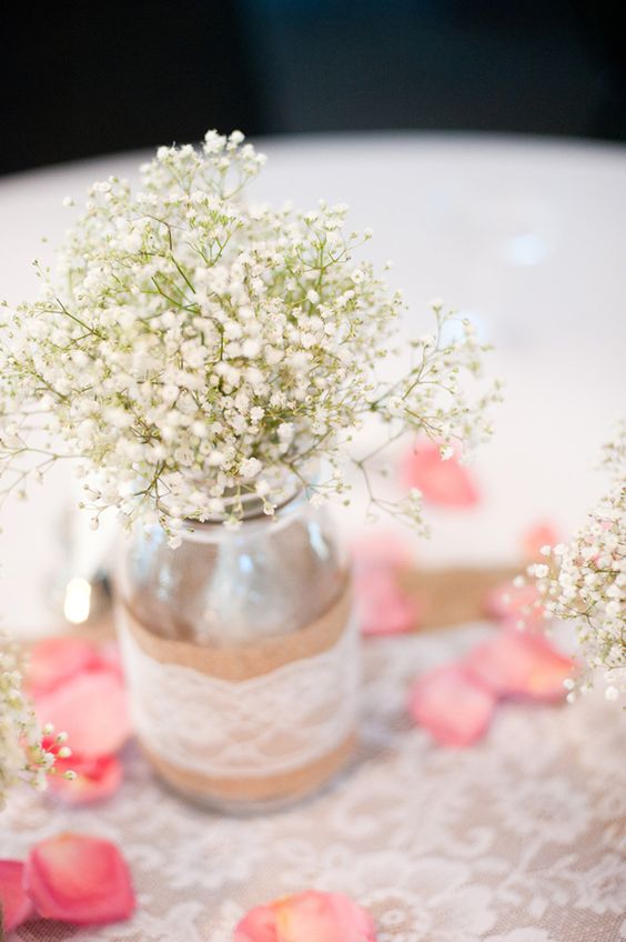 vintage baba’s breath burlap lace mason jar wedding centerpiece