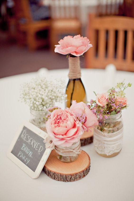 vintage tree stump mason jar wedding centerpiece