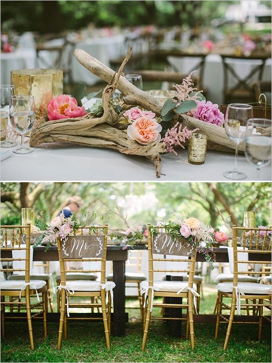 driftwood centerpiece and mr and mrs signs