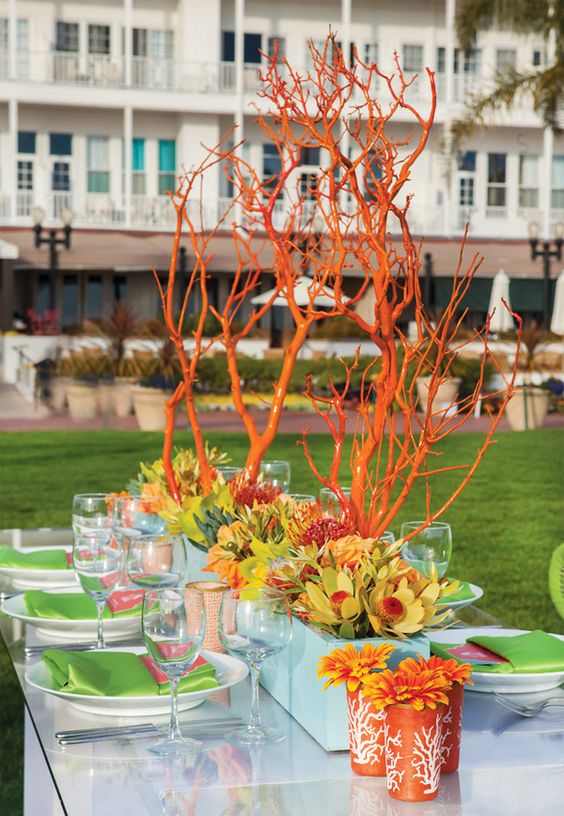 orange painted branches tall wedding centerpiece