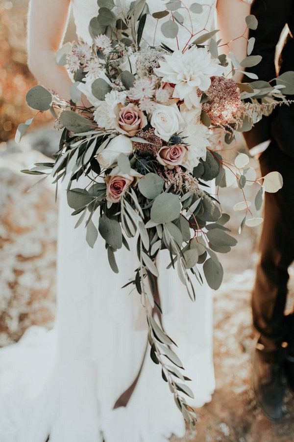 Blush, ivory, and sage green cascading bridal bouquet
