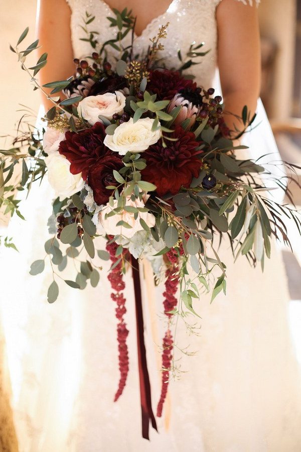 Bohemian winter burgundy and greenery wedding bouquet