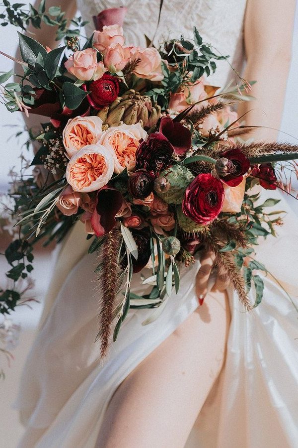 Burgundy and Peach Orange Garden Roses Bridal Bouquets