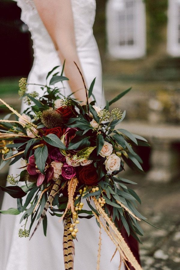 Marsala Bouquet with Pheasant Feathers & Greenery