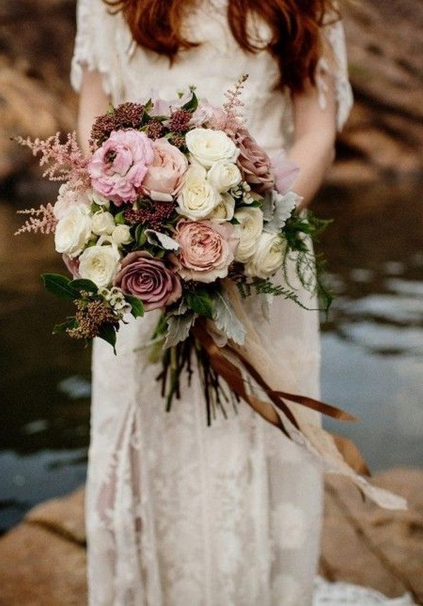blush toned bridal bouquet with roses and astilbe, elegant rustic wedding ideas
