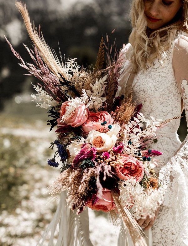 boho pink garden roses wedding bouquet