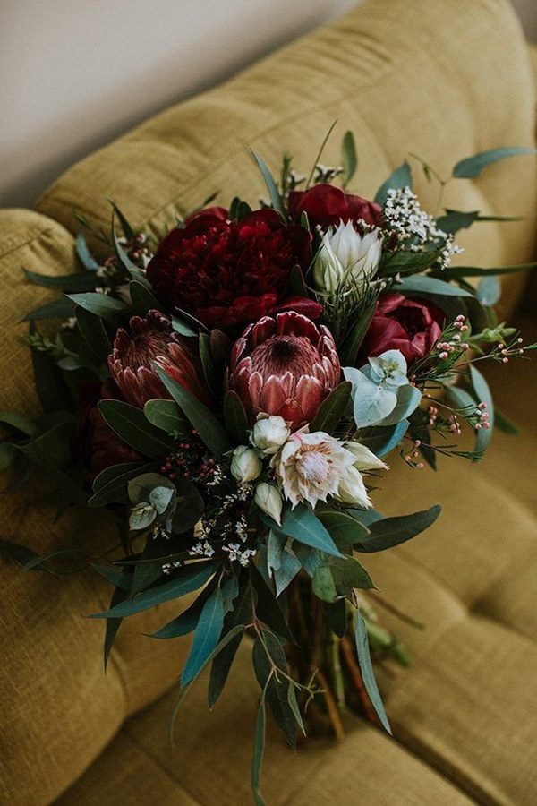 burgundy proteas and greenery eucalyptus wedding bouquet