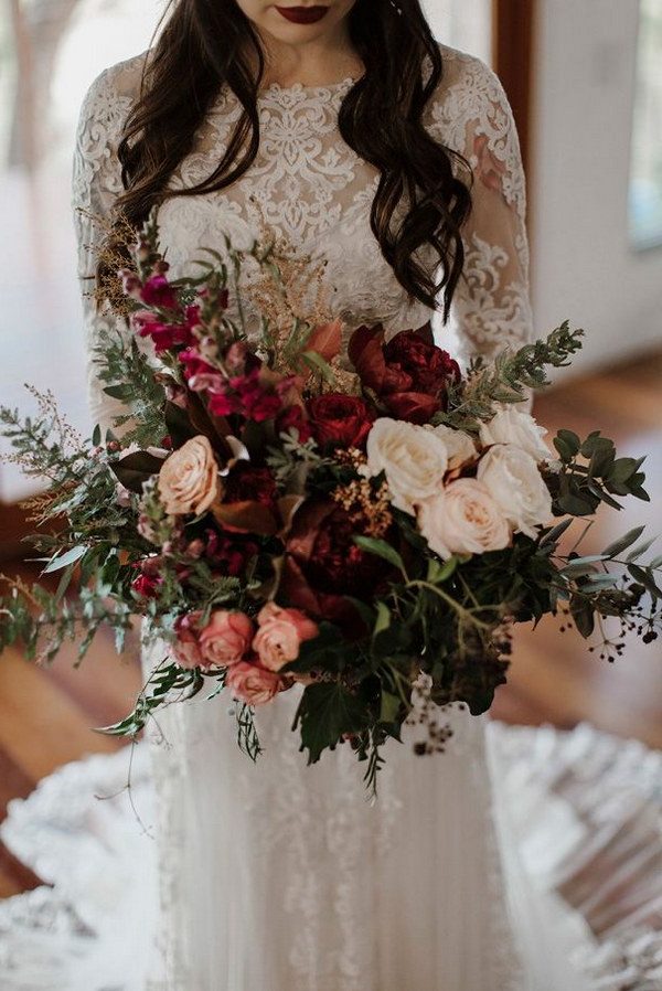 deep red and greenery wedding bouquet