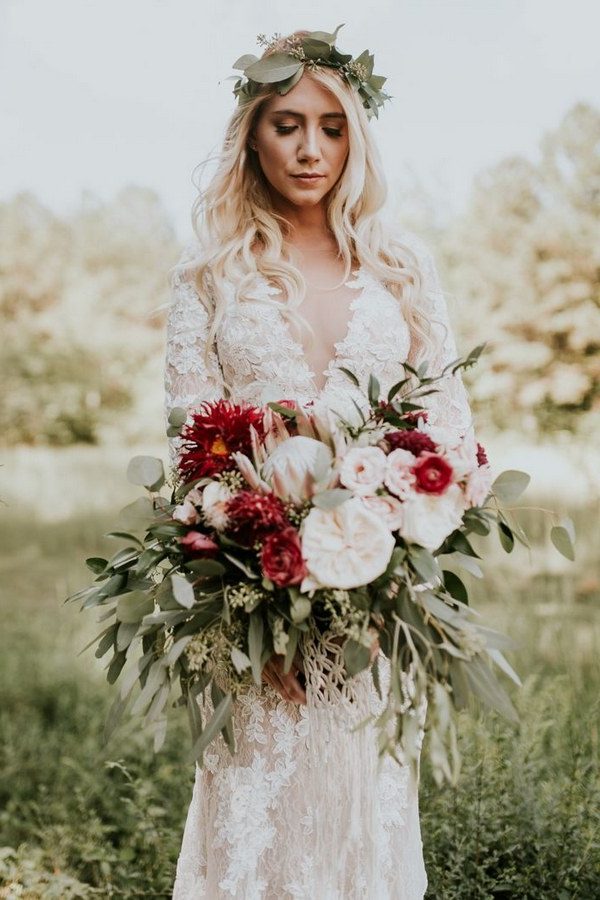 dep red and greenery eucalyptus and white garden roses wedding bouquet