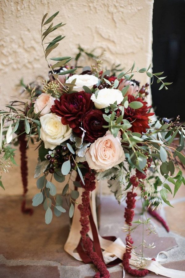 fall burgundy flowers and seeded eucalyptus wedding bouquet