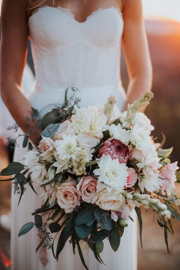 white and dusty roses boho wedding bouquet