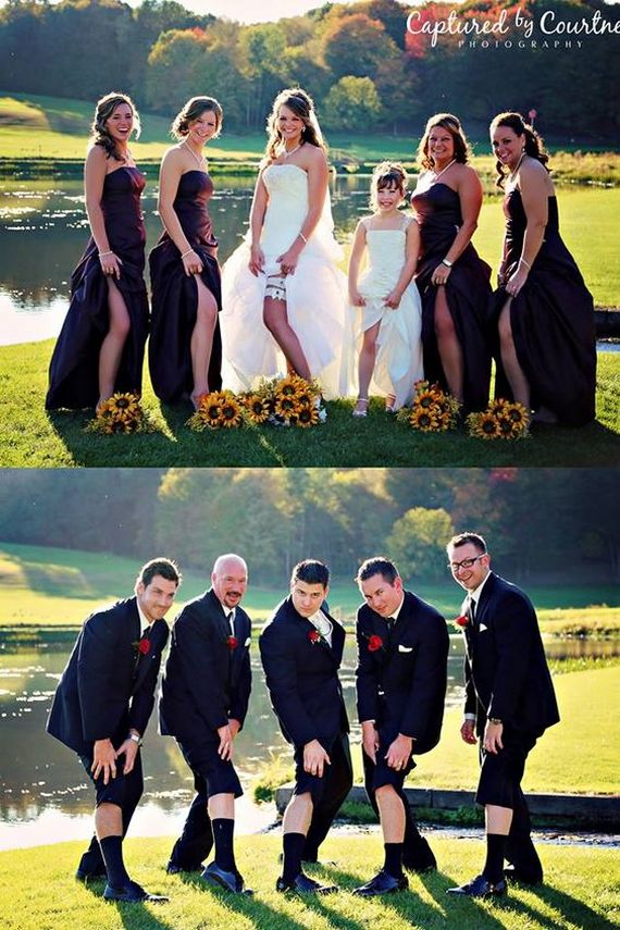 Funny wedding party photo ideas with bridesmaids and groomsmen