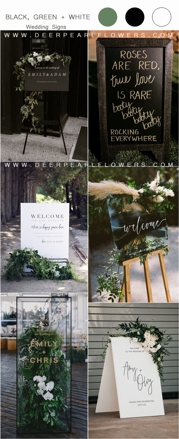 Black green and white wedding welcome signage