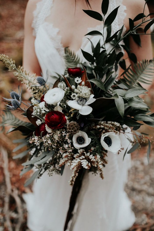 green black and burgundy wedding bouquet