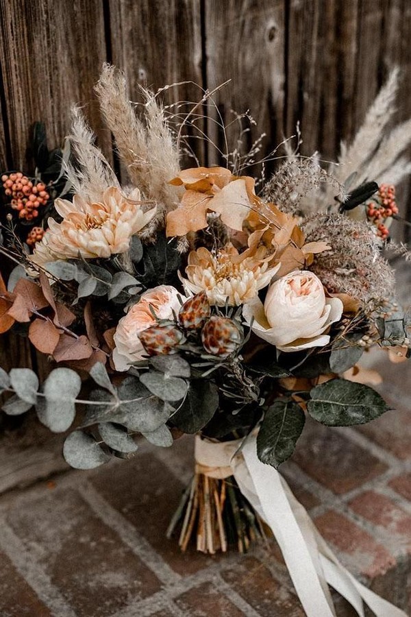 wedding bouquets bohemian pampas grass with mustard dry flowers