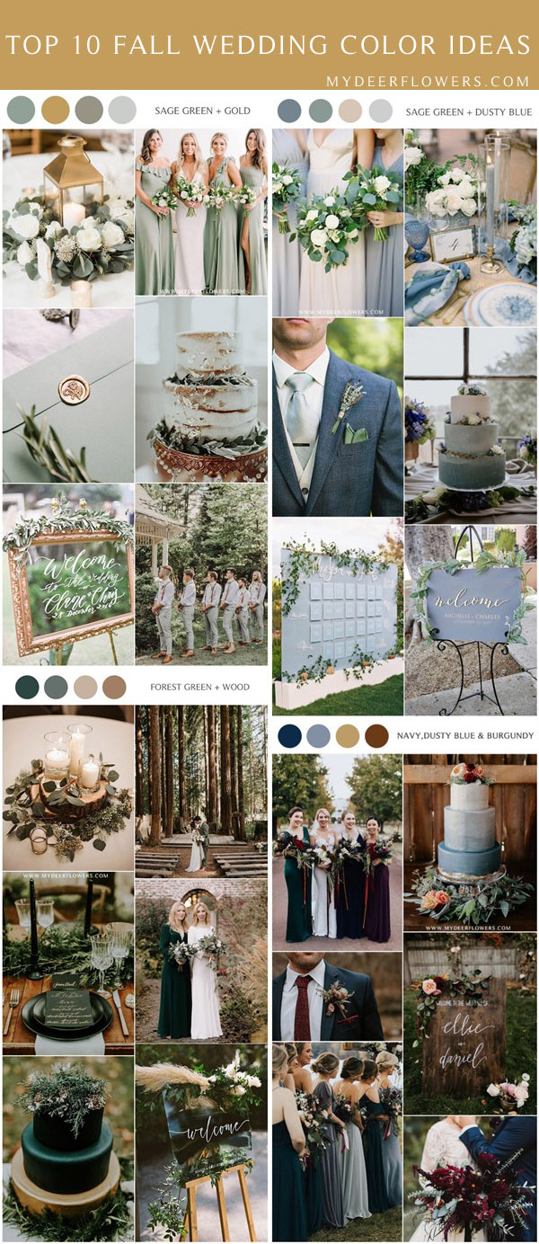fall wedding color ideas - sage green gold dusty blue dark teal navy and burgundy wedding colors