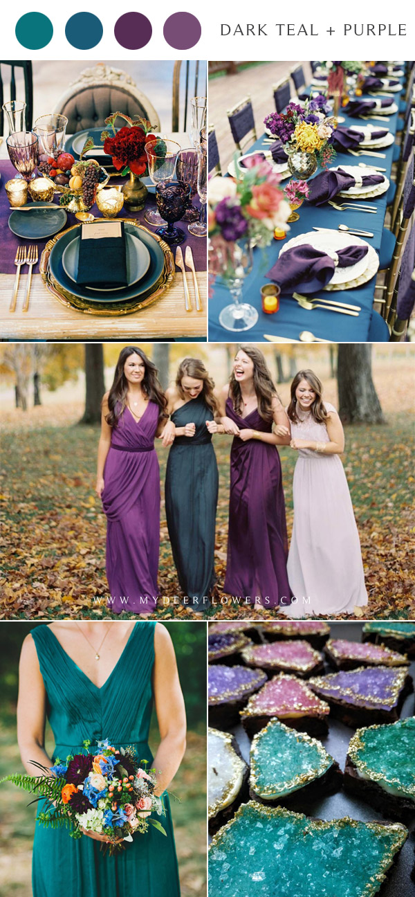 Dark teal and purple jewel tone fall wedding color ideas