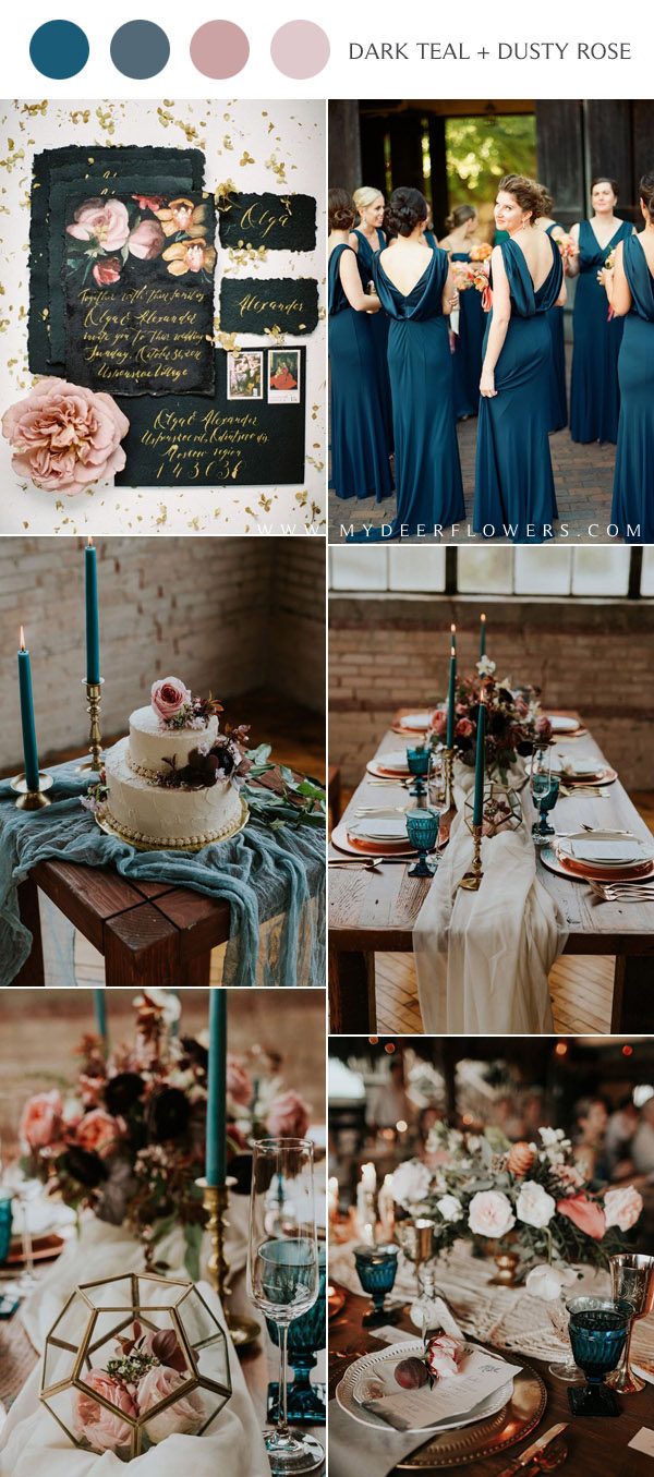 Dark teal blue and dusty rose wedding color ideas