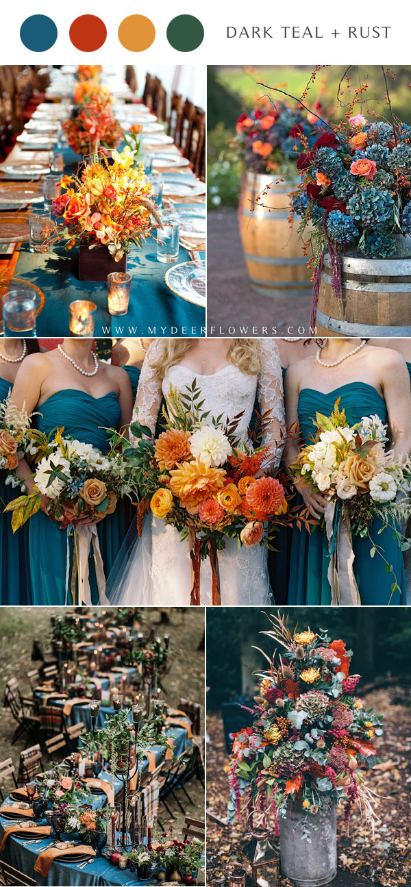 Dark teal blue and rust fall wedding color ideas - dark teal and dusty orange wedding colors